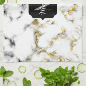 白黒の大理石金ゴールドスパークルフレークMonogram キッチンタオル (折り畳み)