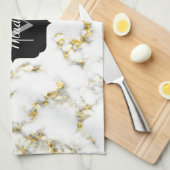 白黒の大理石金ゴールドスパークルフレークMonogram キッチンタオル (四つ折り)