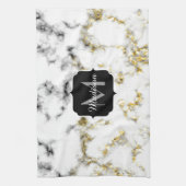 白黒の大理石金ゴールドスパークルフレークMonogram キッチンタオル (縦)