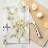 白黒の大理石金ゴールドスパークルフレークMonogram キッチンタオル (四つ折り)