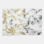白黒の大理石金ゴールドスパークルフレークMonogram キッチンタオル (横)
