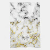 白黒の大理石金ゴールドスパークルフレークMonogram キッチンタオル (縦)