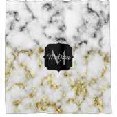 白黒の大理石金ゴールドスパークルフレークMonogram シャワーカーテン (正面)