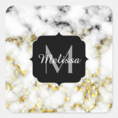 白黒の大理石金ゴールドスパークルフレークMonogram スクエアシール (正面)