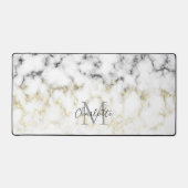 白黒の大理石金ゴールドスパークルフレークMonogram デスクマット (正面)