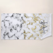 白黒の大理石金ゴールドスパークルフレークMonogram ビーチタオル (正面)