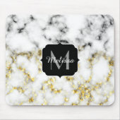 白黒の大理石金ゴールドスパークルフレークMonogram マウスパッド (正面)