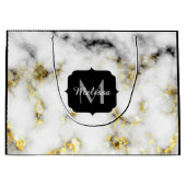 白黒の大理石金ゴールドスパークルフレークMonogram ラージペーパーバッグ (正面)