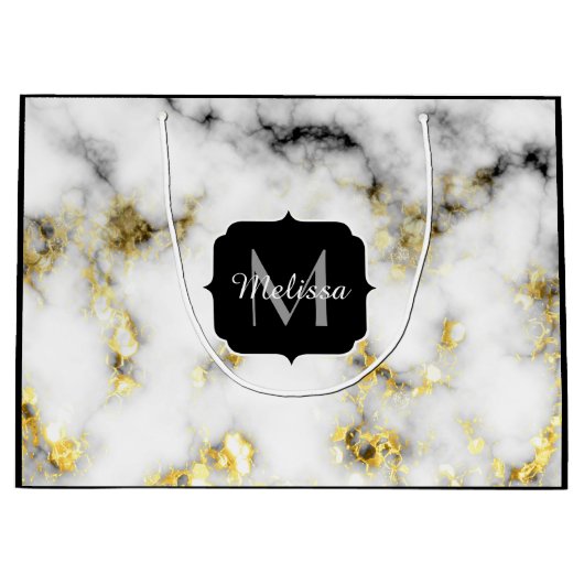 白黒の大理石金ゴールドスパークルフレークMonogram ラージペーパーバッグ (正面)