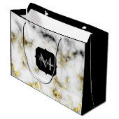 白黒の大理石金ゴールドスパークルフレークMonogram ラージペーパーバッグ (正面アングル)