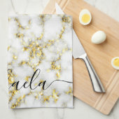 白黒の大理石金ゴールドスパークル名前をカスタムする キッチンタオル (四つ折り)