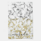 白黒の大理石金ゴールドスパークル名前をカスタムする キッチンタオル (縦)