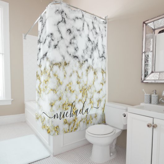 白黒の大理石金ゴールドスパークル名前をカスタムする シャワーカーテン (インサイチュ)