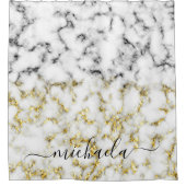 白黒の大理石金ゴールドスパークル名前をカスタムする シャワーカーテン (正面)