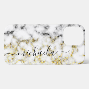 白黒の大理石金ゴールドスパークル名前をカスタムする iPhone 13 PRO MAXケース