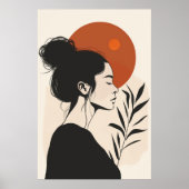 白黒の女性の肖像画 赤い太陽 ポスター (正面)