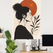 白黒の女性の肖像画 赤い太陽 ポスター (ホームオフィス)