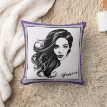 白黒の女性ポートレート装飾用クッション