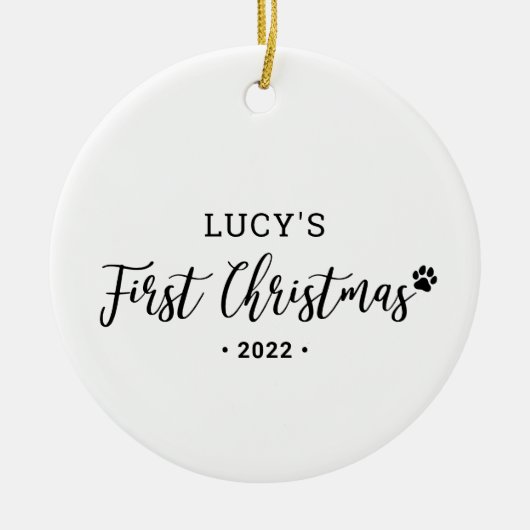 白黒の子犬の初めてのクリスマス写真Orna セラミックオーナメント (正面)