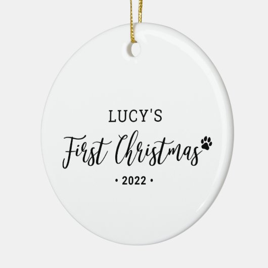 白黒の子犬の初めてのクリスマス写真Orna セラミックオーナメント (左)