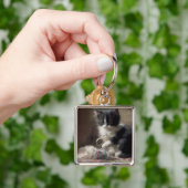 白黒の子猫におもしろいが絡まっている キーホルダー (手)