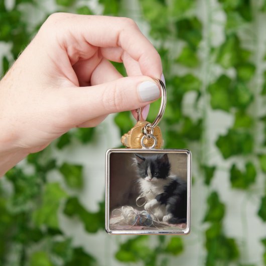 白黒の子猫におもしろいが絡まっている キーホルダー (手)