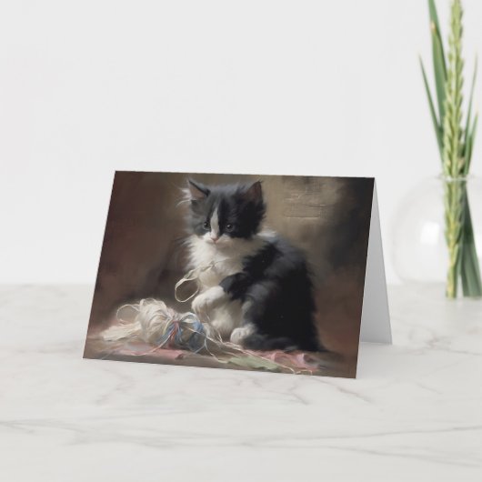 白黒の子猫におもしろいが絡まっている サンキューカード (正面)