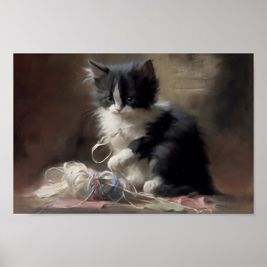 白黒の子猫におもしろいが絡まっている ポスター (正面)