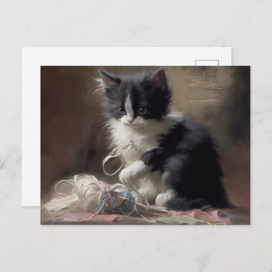 白黒の子猫におもしろいが絡まっている ポストカード (正面/裏面)