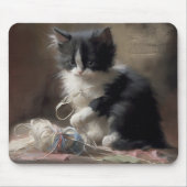 白黒の子猫におもしろいが絡まっている マウスパッド (正面)