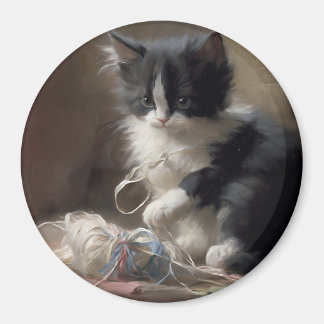 白黒の子猫におもしろいが絡まっている マグネット