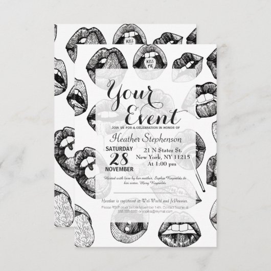白黒の官能的な唇を引いた手 招待状 (正面/裏面)