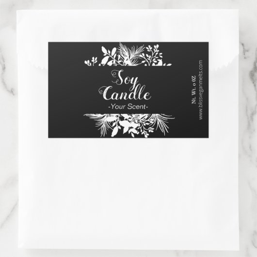 白黒の小枝と葉の大豆ロウソク 長方形シール (バッグ)