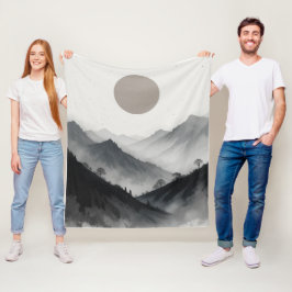 白黒の山の風景 フリースブランケット