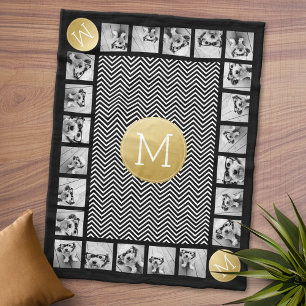 白黒の山形模様モノグラム11写真 フリースブランケット