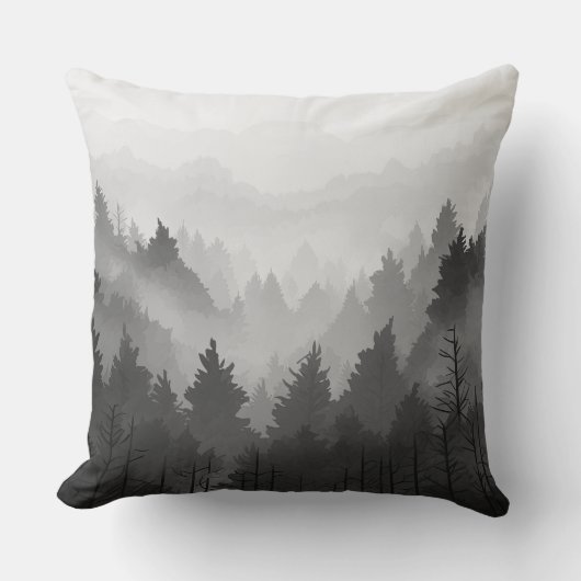 白黒の山林ランドスケープのミニマリスト クッション (正面)