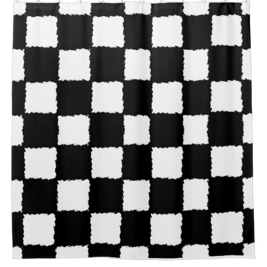 白黒の市松模様に（ばちゃばちゃ）跳ねる効果 シャワーカーテン (正面)