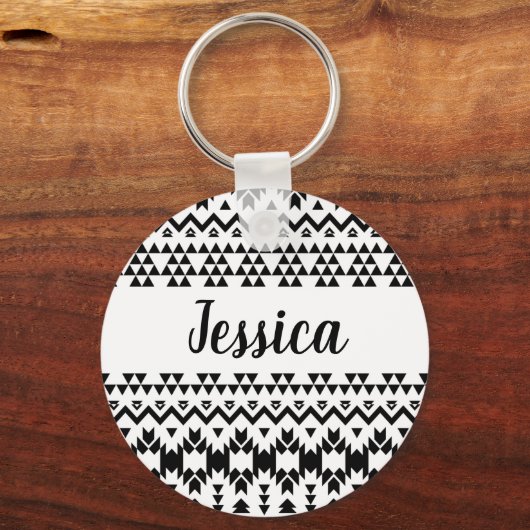 白黒の幾何ベクアステカタパターン キーホルダー (正面)