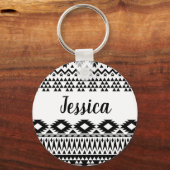 白黒の幾何ベクアステカタパターン キーホルダー (正面)