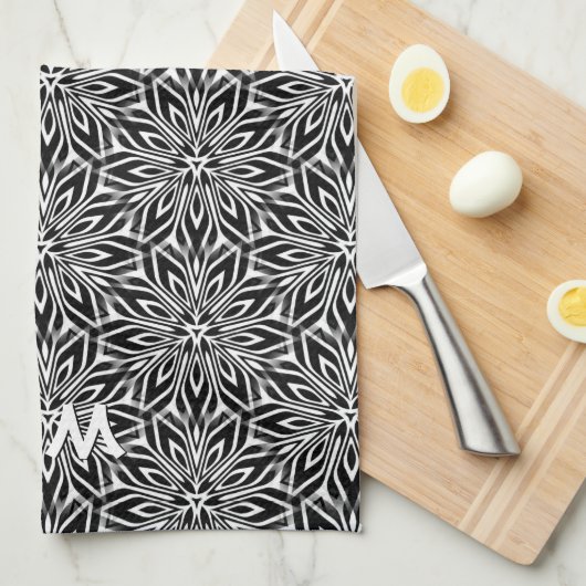 白黒の幾何学の球体のモノグラムの台所装飾 キッチンタオル (四つ折り)