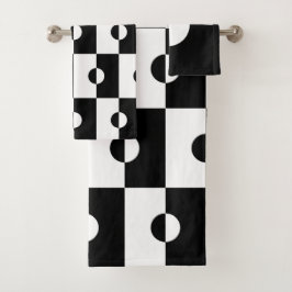 白黒の幾何学円の正方形パターン バスタオルセット