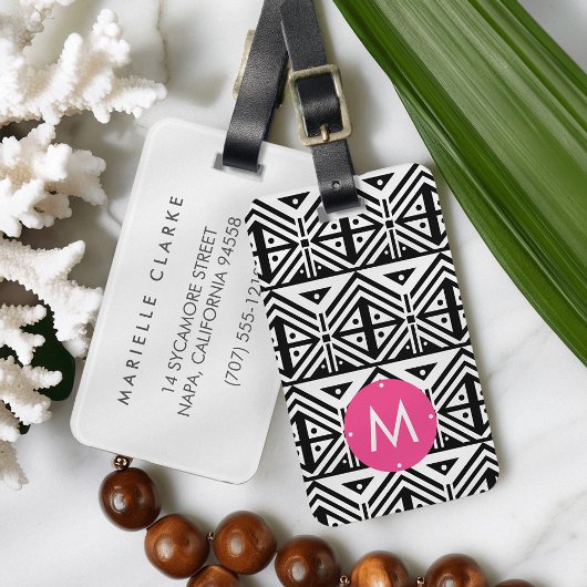 白黒の幾何学模様モノグラム ラゲッジタグ