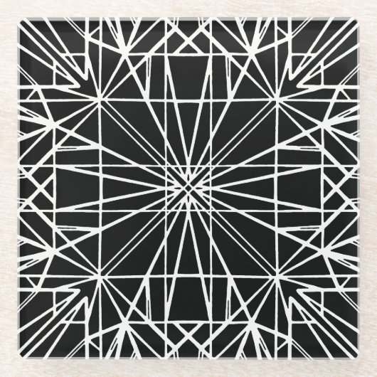 白黒の幾何学的な対称性 ガラスコースター (正面)