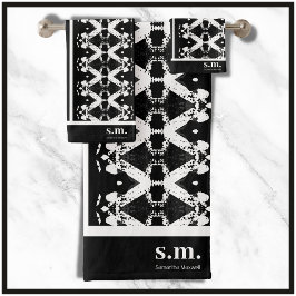 白黒の幾何学的な部族のストライププリント バスタオルセット