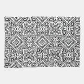 白黒の幾何学的エスニックパターンオーナメント キッチンタオル (横)