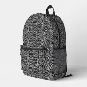 白黒の幾何学的エスニックパターンオーナメント プリントバックパック