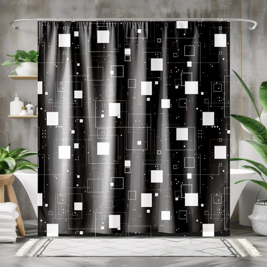 白黒の幾何学的パターン シャワーカーテン