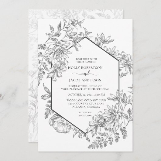 白黒の幾何学的フローラ結婚の 招待状 (正面/裏面)