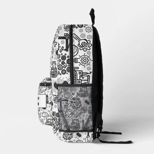 白黒の建築設計図エンジニア プリントバックパック (右)