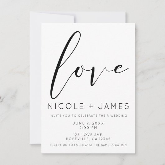 白黒の愛ミニマルモダン結婚の 招待状 (正面)
